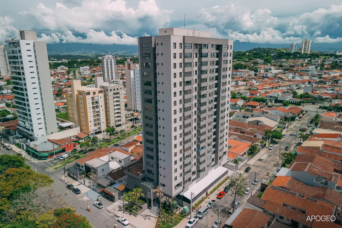 Vista aérea do Apogeo, em Guaratinguetá, edifício entregue pela Teixeira Pinto (foto real)
